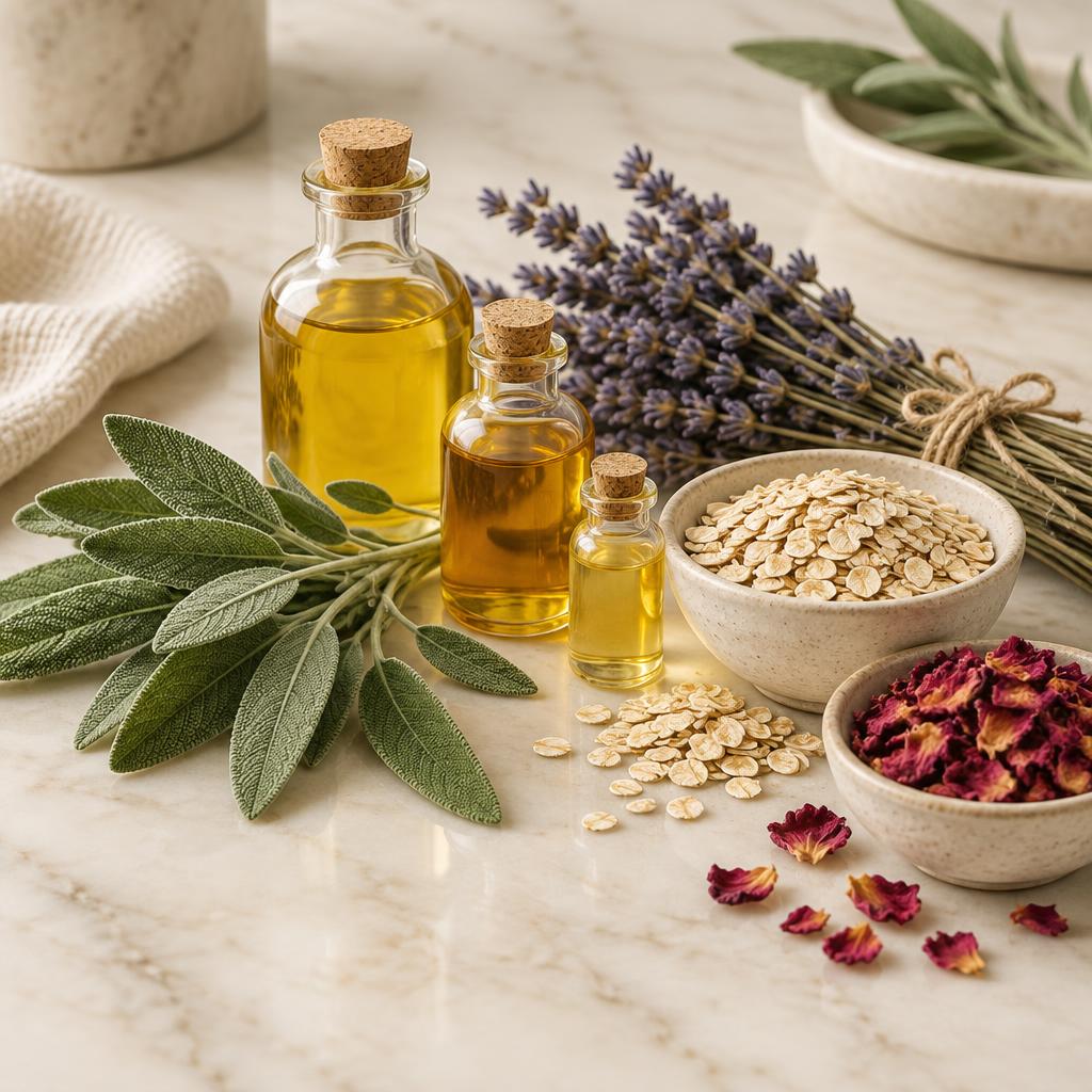 Golden plant oils, sage, lavender and dried rose petals for soap making