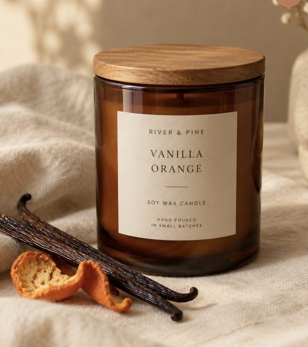An amber glass soy candle with a wooden lid, hand poured in small batches