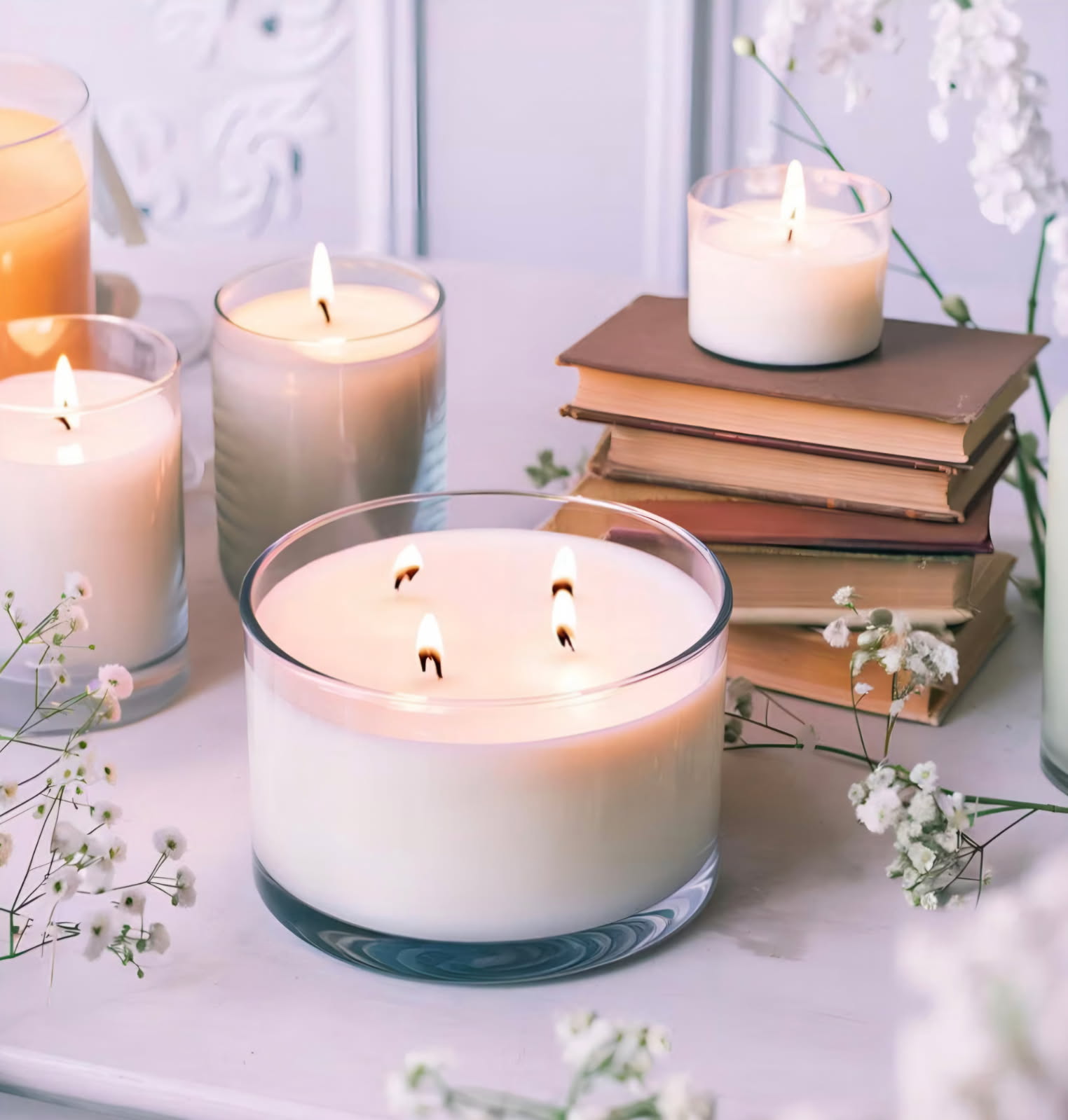 Five lit soy candles in glass jars, the large three-wick candle in front of a stack of books and small white flowers