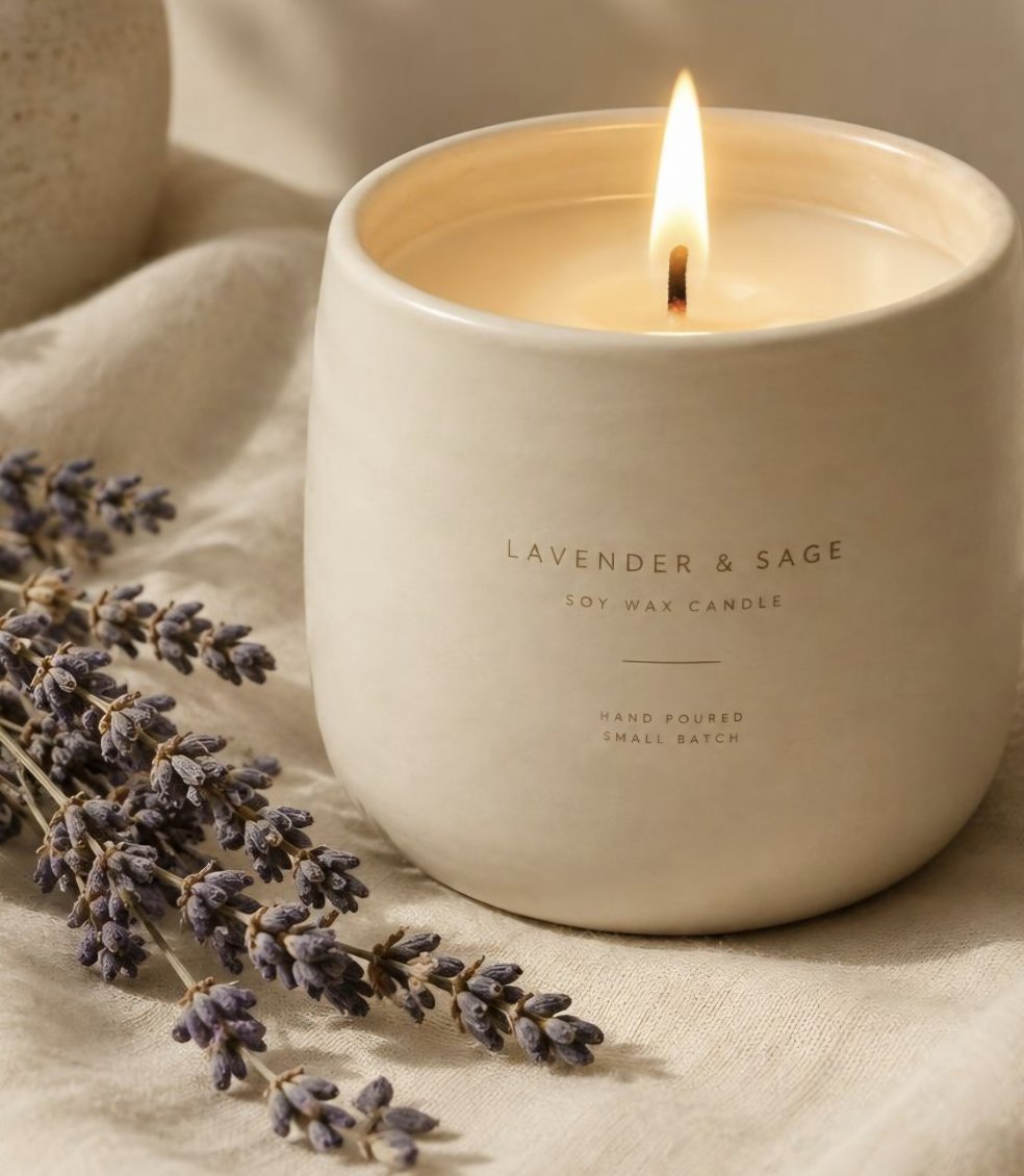 A lit lavender and sage soy wax candle beside a sprig of dried lavender